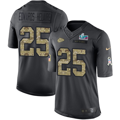 Chiefs #25 Clyde Edwards-Helaire Black Super Bowl LVII Patch Men's Stitched Limited 2016 Salute To Service Jersey