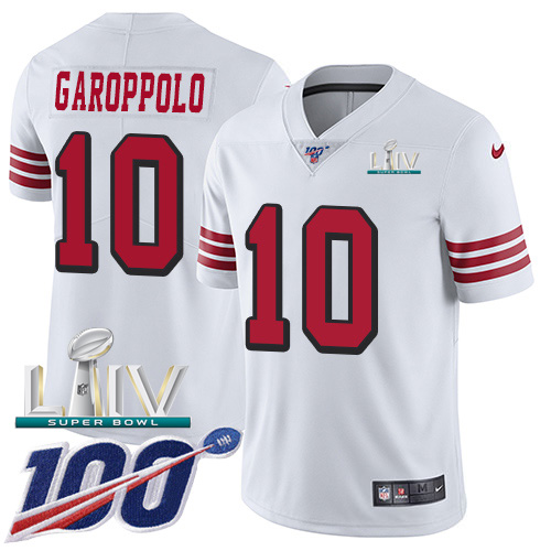 49ers #10 Jimmy Garoppolo White Super Bowl LIV 2020 Rush Men's Stitched Limited 100th Season Jersey