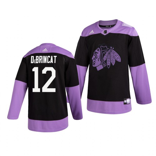 Chicago Chicago Blackhawks #12 Alex Debrincat Adidas Men's Hockey Fights Cancer Practice Jersey Black Men's