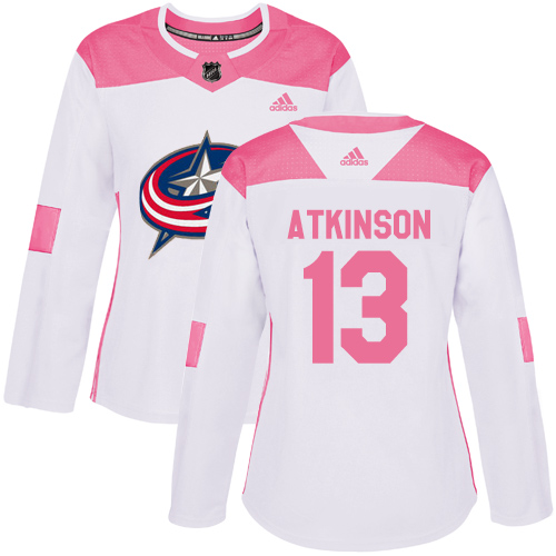 Adidas Columbus Blue Jackets #13 Cam Atkinson White/Pink Authentic Fashion Women's Stitched Jersey Womens