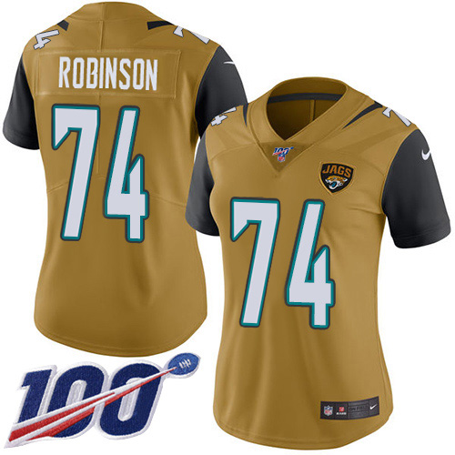 Jacksonville Jaguars #74 Cam Robinson Gold Women's Stitched Limited Rush 100th Season Jersey Womens