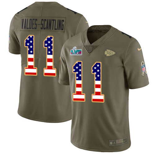 Chiefs #11 Marquez Valdes-Scantling Olive/USA Flag Super Bowl LVII Patch Men's Stitched Limited 2017 Salute To Service Jersey