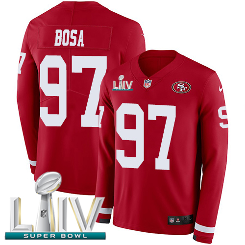 49ers #97 Nick Bosa Red Super Bowl LIV 2020 Team Color Men's Stitched Limited Therma Long Sleeve Jersey