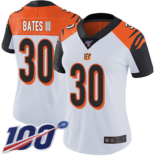 Bengals #30 Jessie Bates III White Women's Stitched 100th Season Vapor Limited Jersey