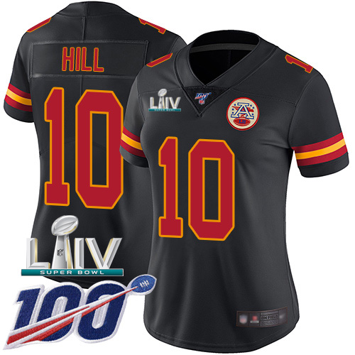 Kansas City Chiefs #10 Tyreek Hill Black Super Bowl LIV 2020 Women's Stitched Limited Rush 100th Season Jersey Womens