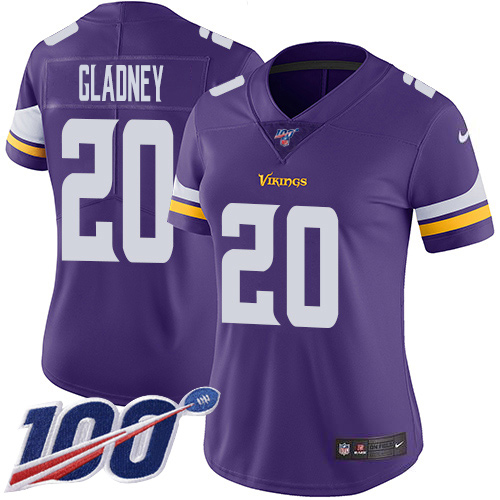 Minnesota Vikings #20 Jeff Gladney Purple Team Color Women's Stitched 100th Season Vapor Untouchable Limited Jersey Womens