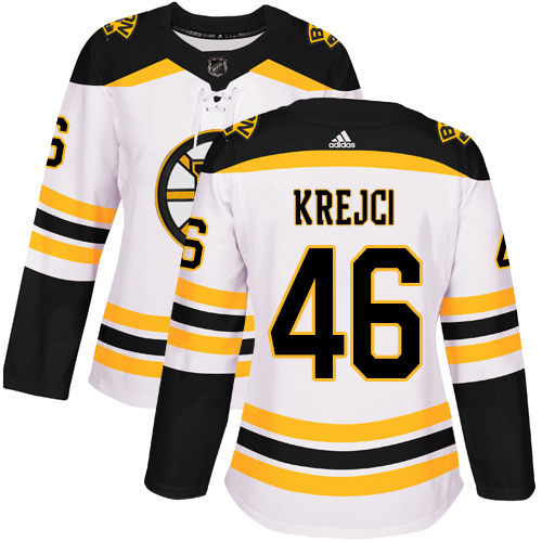 Adidas Boston Bruins #46 David Krejci White Road Authentic Women's Stitched Jersey Womens