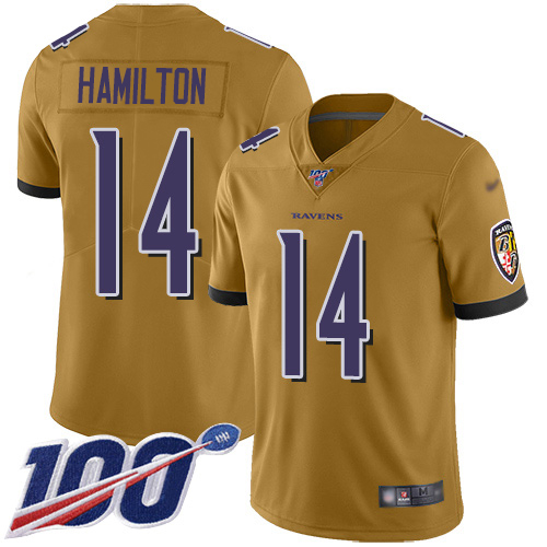 Ravens #14 Kyle Hamilton Gold Men's Stitched Limited Inverted Legend 100th Season Jersey