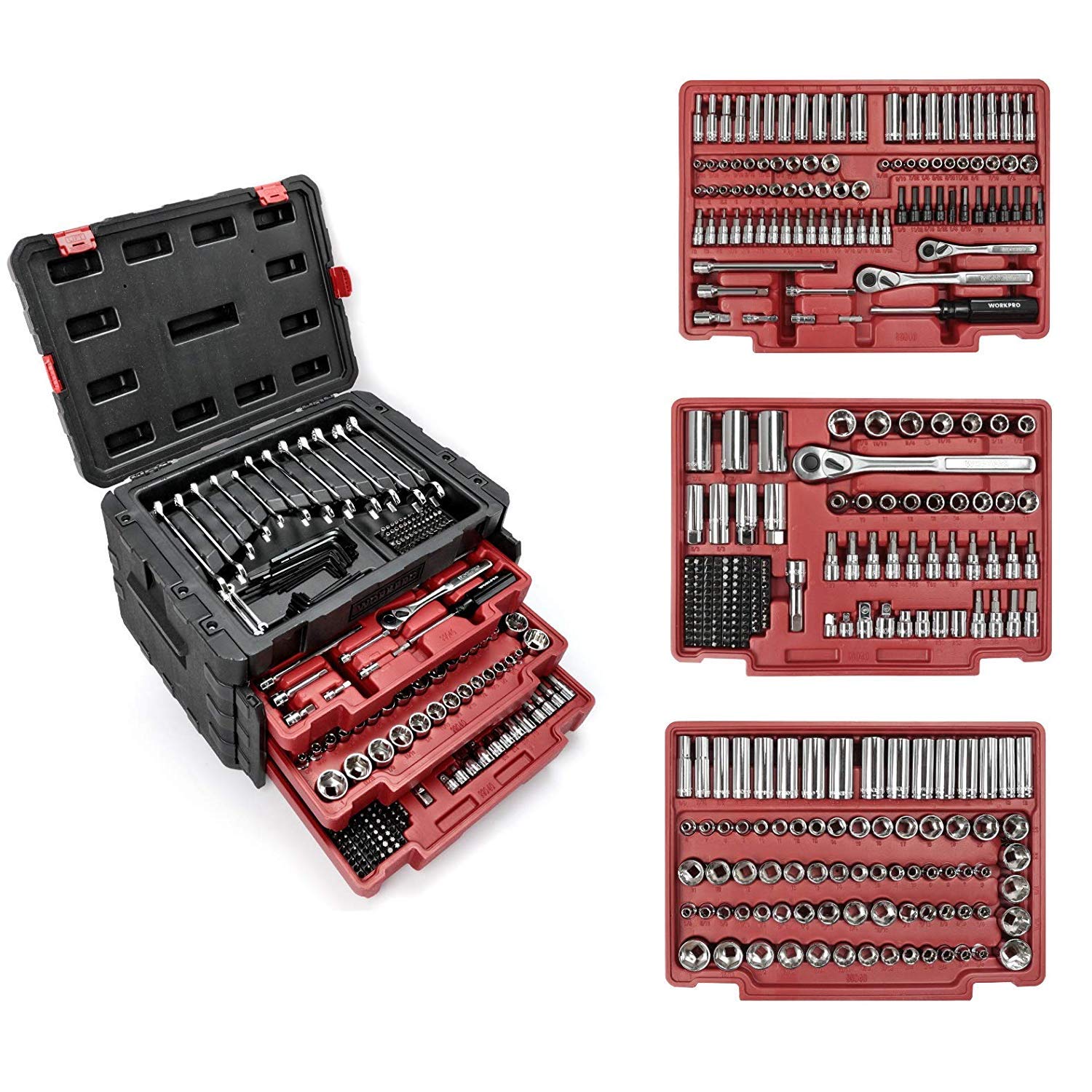 testWORKPRO 450-Piece Mechanics Tool Set, Universal Professional Tool Kit with Heavy Duty Case Box