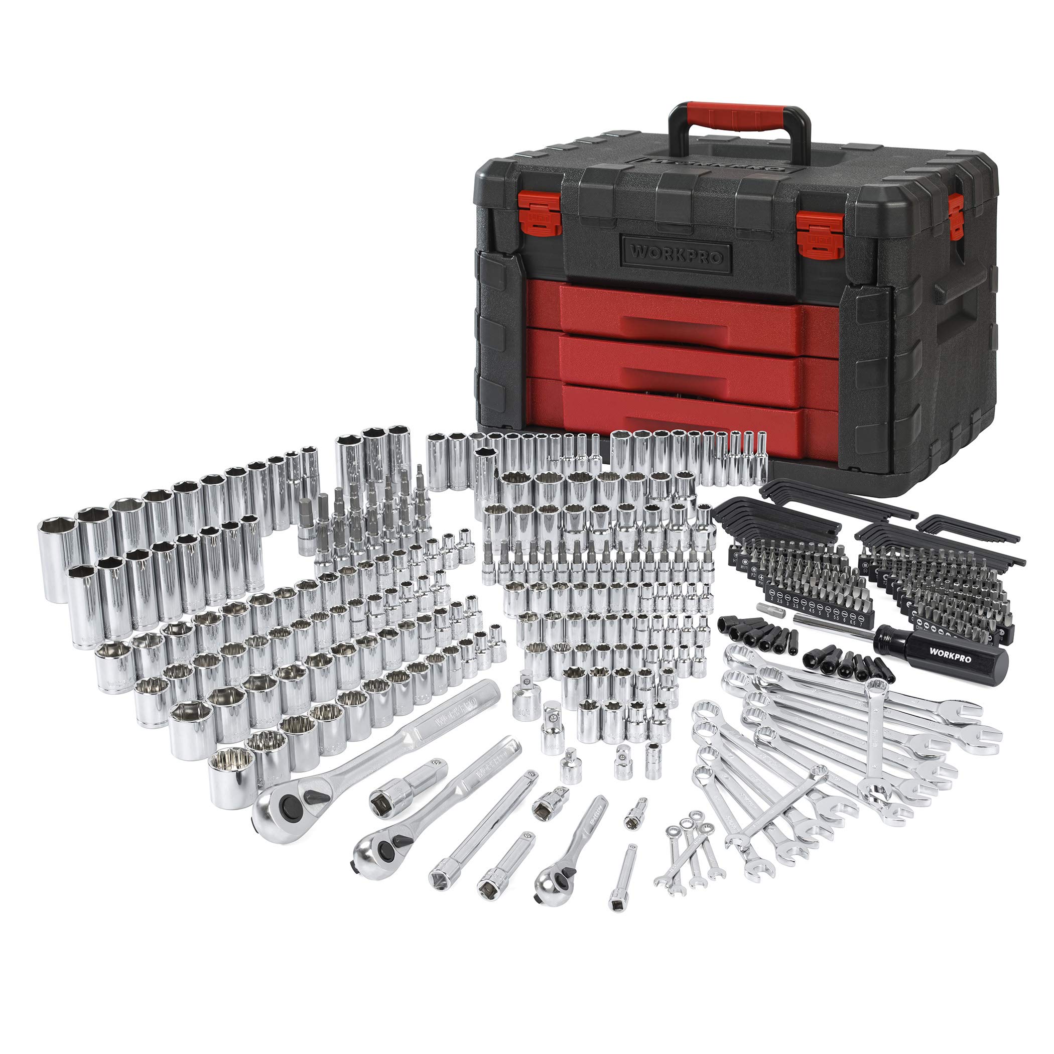 testWORKPRO 450-Piece Mechanics Tool Set, Universal Professional Tool Kit with Heavy Duty Case Box