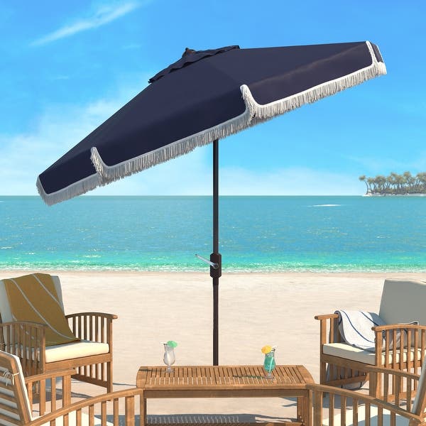 Milan Fringe 9 Ft Crank Navy/ White Outdoor Umbrella