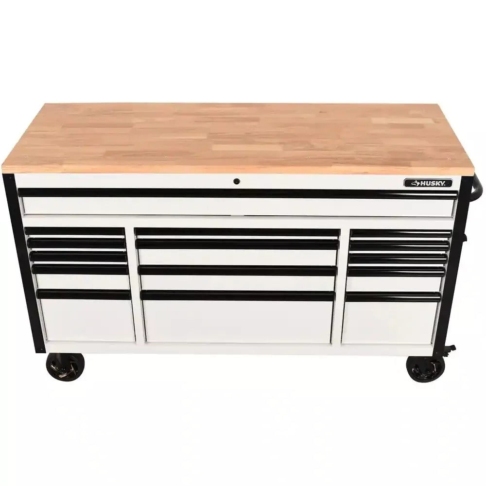 61 in. W x 23 in. D Heavy-Duty 15-Drawer Mobile Workbench with Solid Wood Top in White