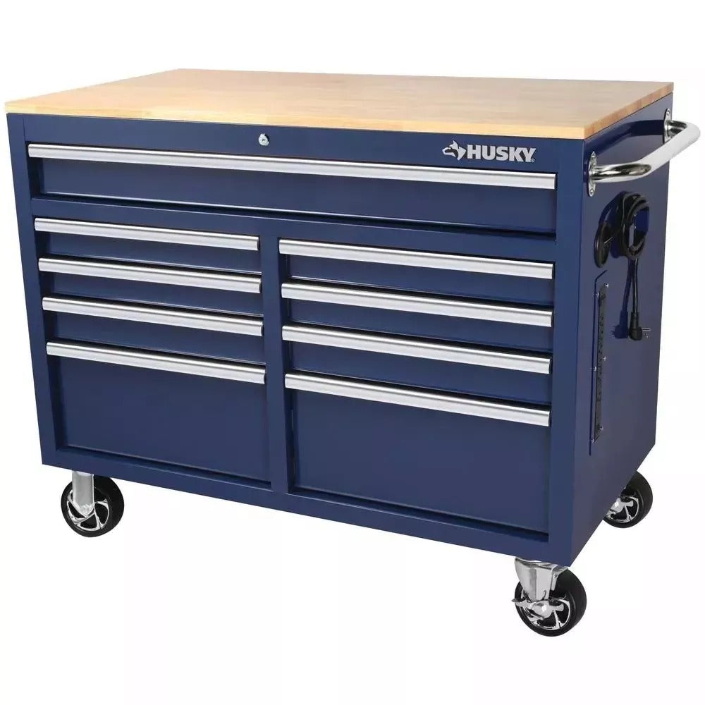 46 in. W x 24 in. D 9-Drawer Gloss Blue Deep Tool Chest Mobile Workbench