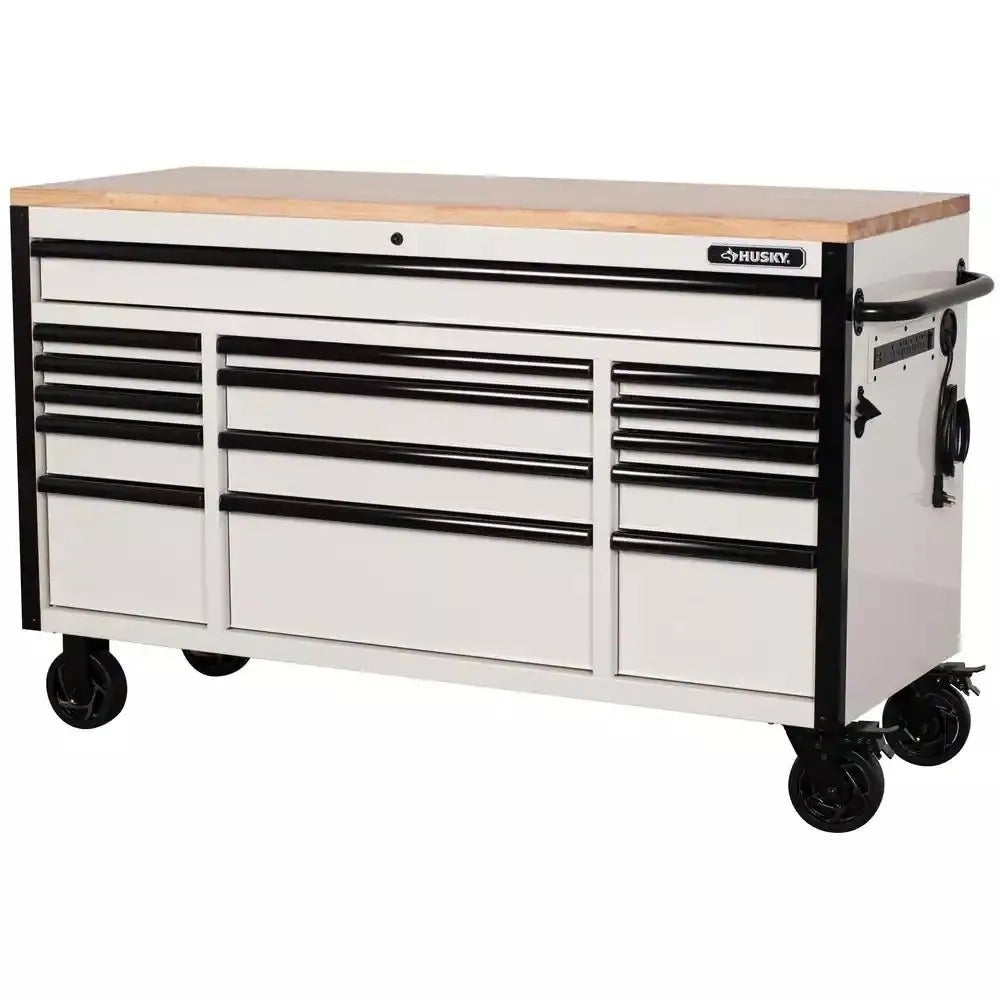 61 in. W x 23 in. D Heavy-Duty 15-Drawer Mobile Workbench with Solid Wood Top in White