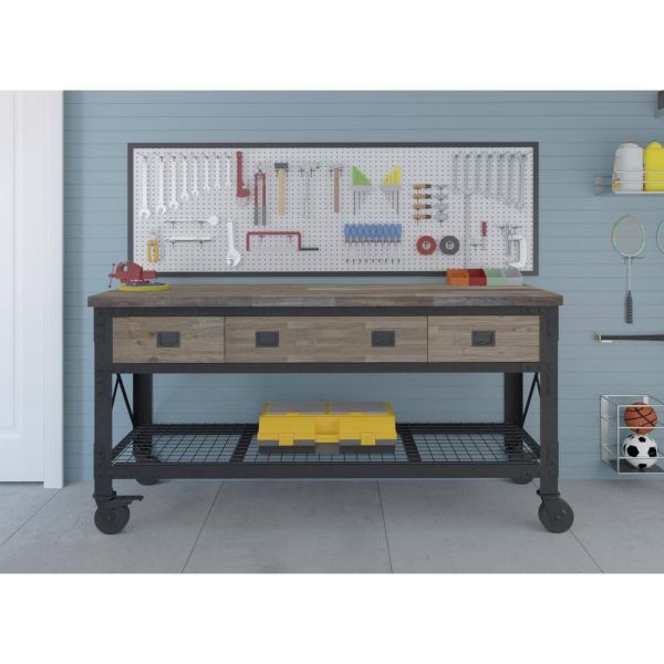 Building Products 72 in. 3-Drawer Rolling Industrial Workbench with Wood Top- Aged Espresso
