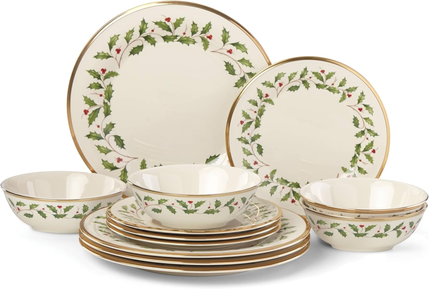 Lenox 6122048 Holiday 12-Piece-Plate-&-Mug Set, Christmas Dinnerware, Hosting