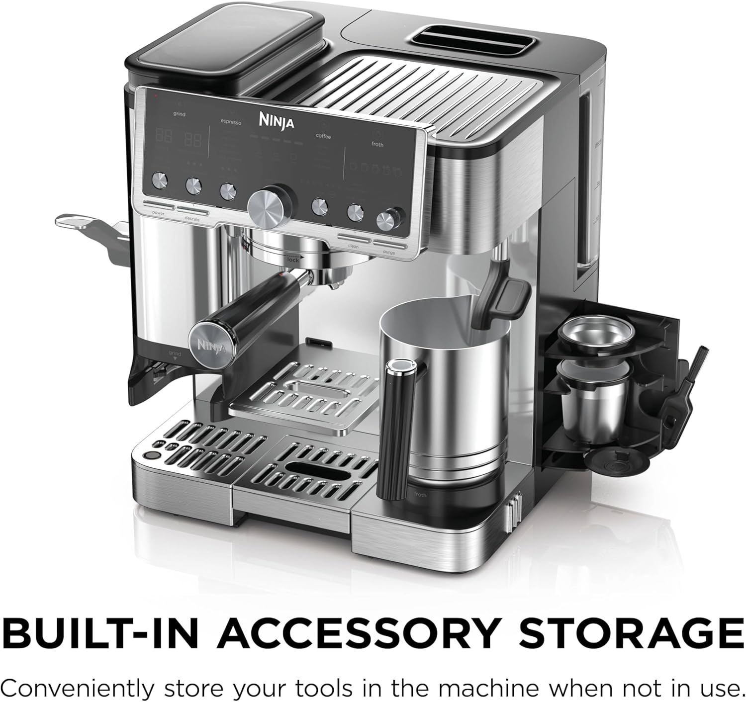 Ninja Luxe Café Pro Series, Espresso Machine, Drip Coffee, Cold Brew, Hot Water, Integrated Tamper, Built-in Grinder, Hands-Free Frother for Cappuccinos, Lattes, Americanos, Dairy or Non-Dairy, ES701