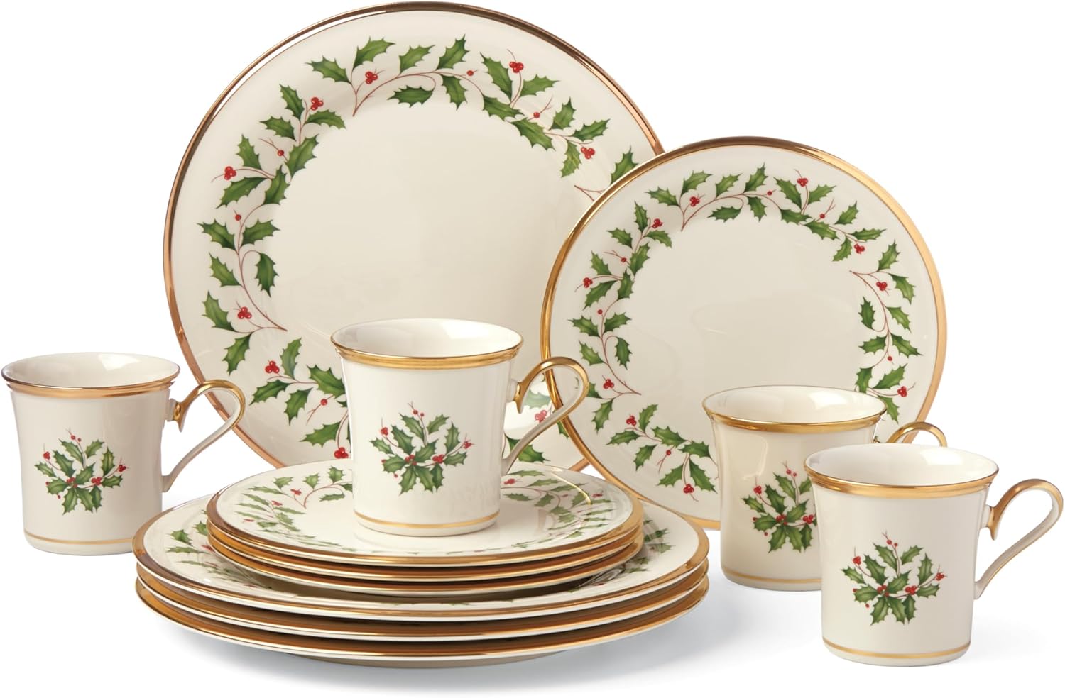 Lenox 6122048 Holiday 12-Piece-Plate-&-Mug Set, Christmas Dinnerware, Hosting