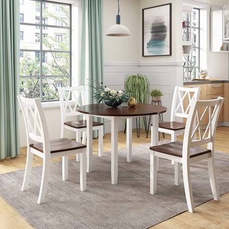 Modernluxe 5 Piece Dining Table Set Round Wood Drop Leaf with 4 Cross ...