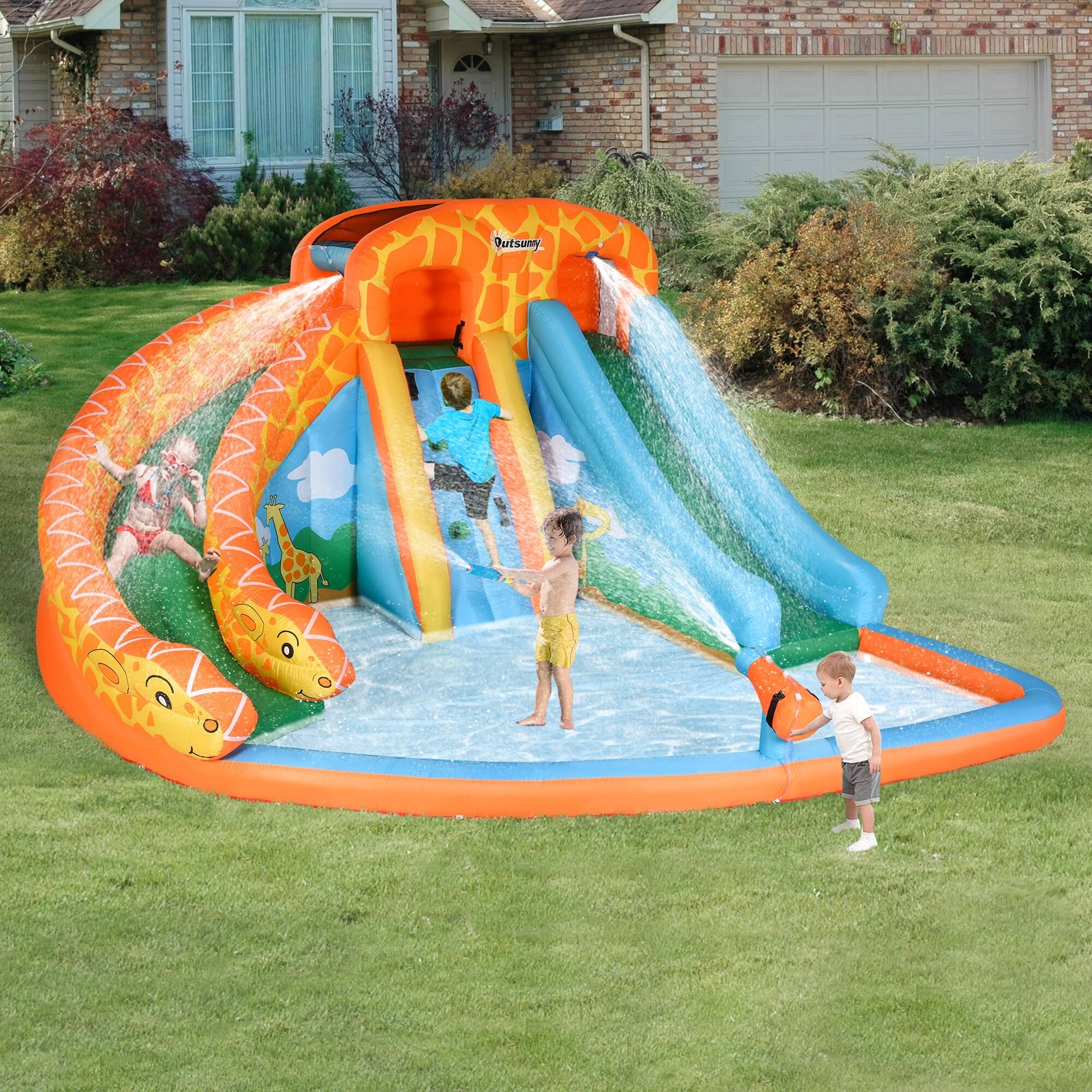 Outsunny Giraffe Style Kids Inflatable Water Slide 4 in 1 Inflatable Bouncer House Slide Pool