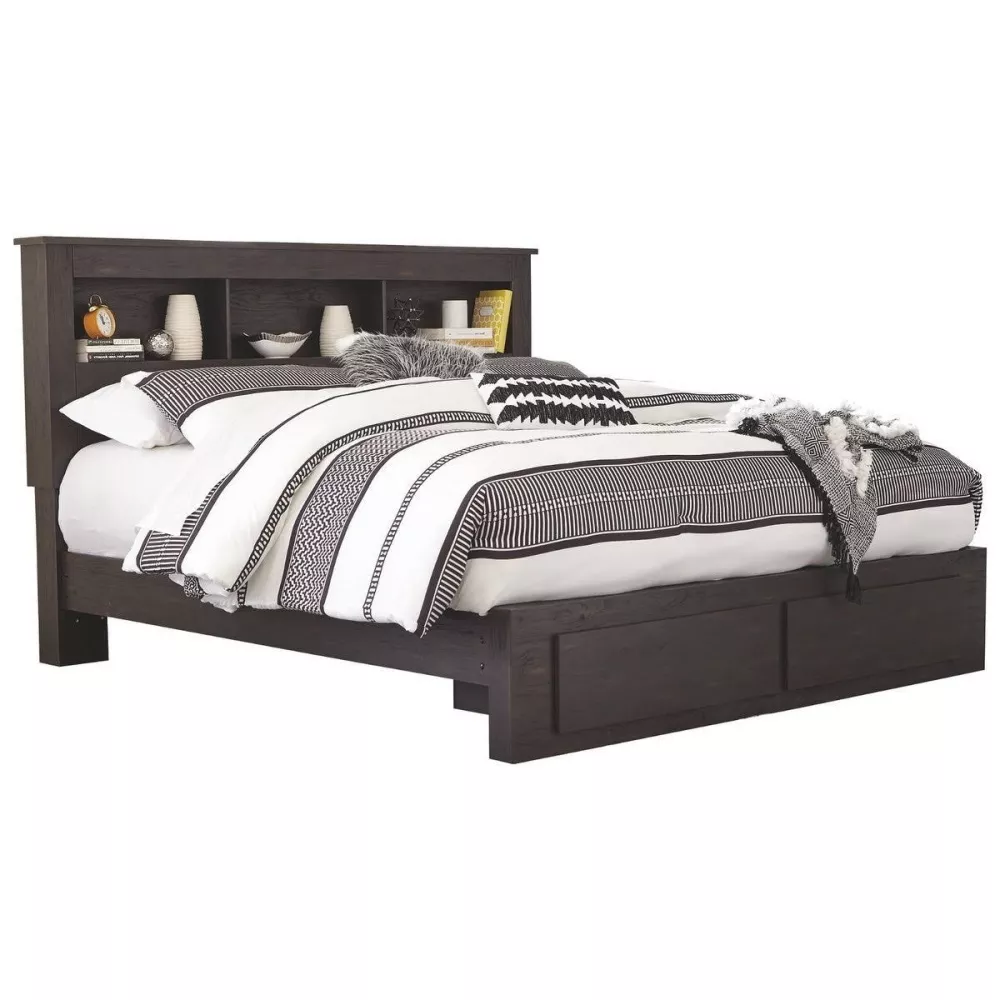 Reylow Brown Queen Bookcase Storage Bed petsdu