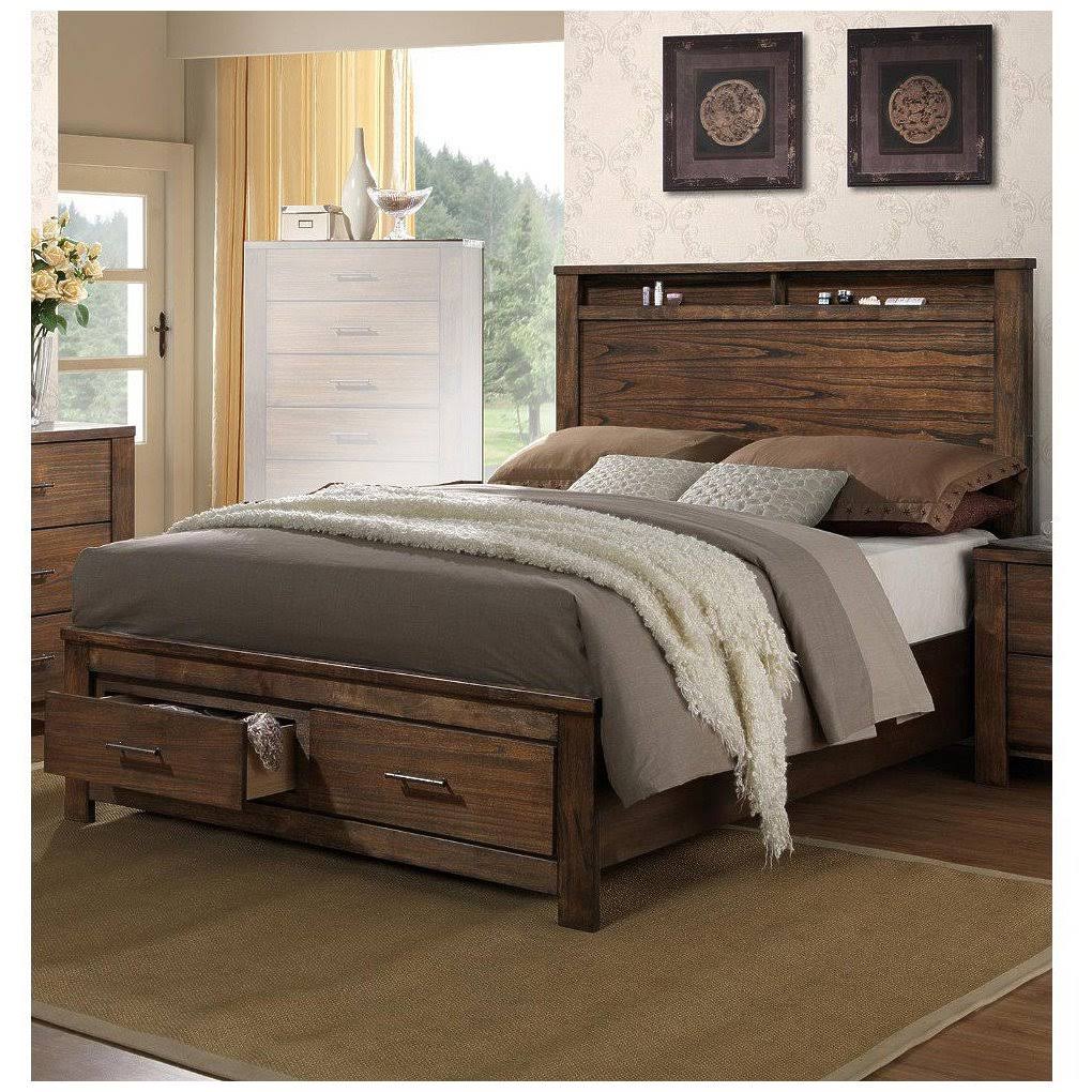 Wooden Queen Bed with Display and Storage Drawers Oak Finish petsdu