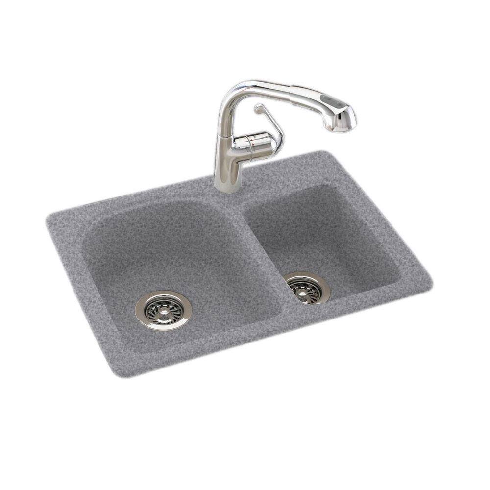 Swan Solid Surface DualMount DoubleBowl 1Hole Kitchen Sink Gray Granite WGL1s