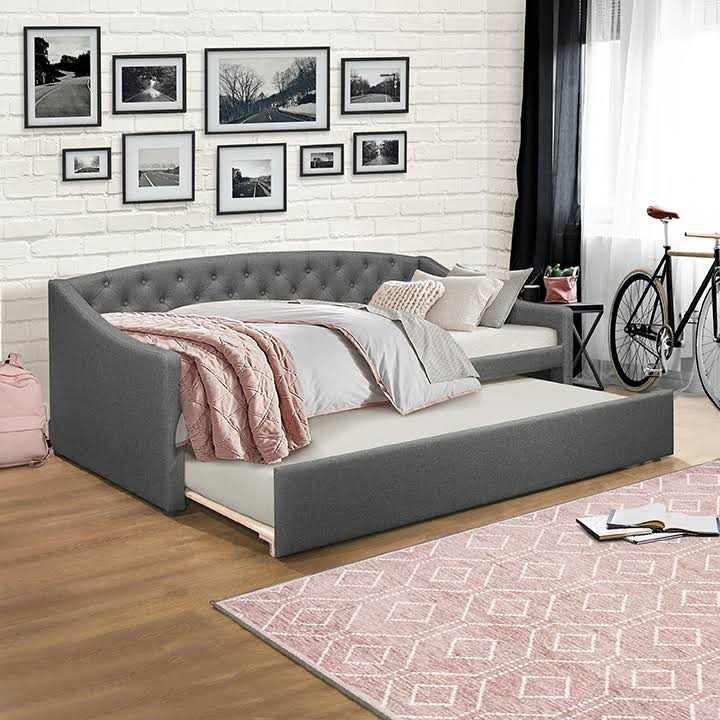 Zoey Tufted Upholstered Twin Daybed with Trundle, Charcoal, by