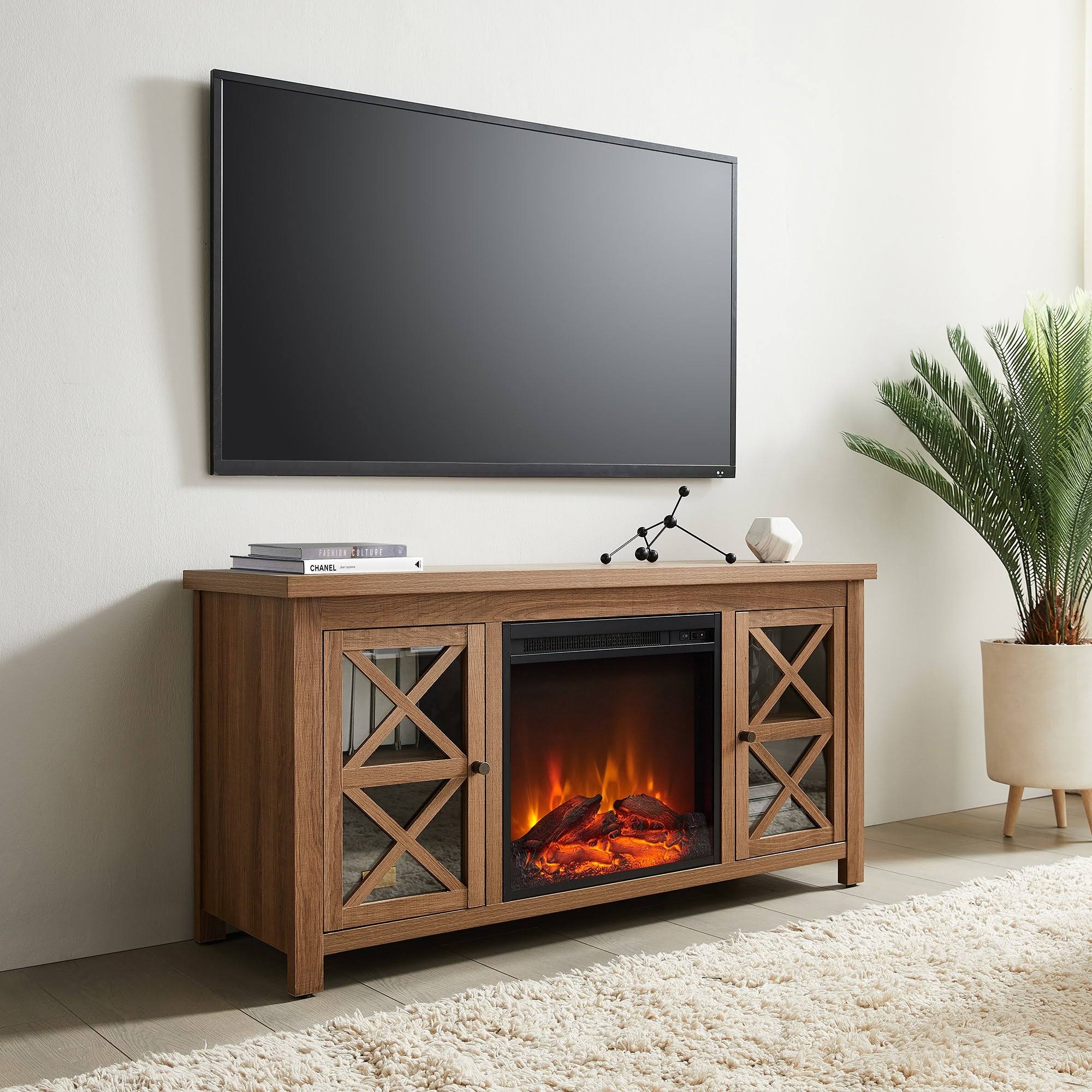 Henn&Hart Golden Oak TV Stand with Log Fireplace Insert WGL1s