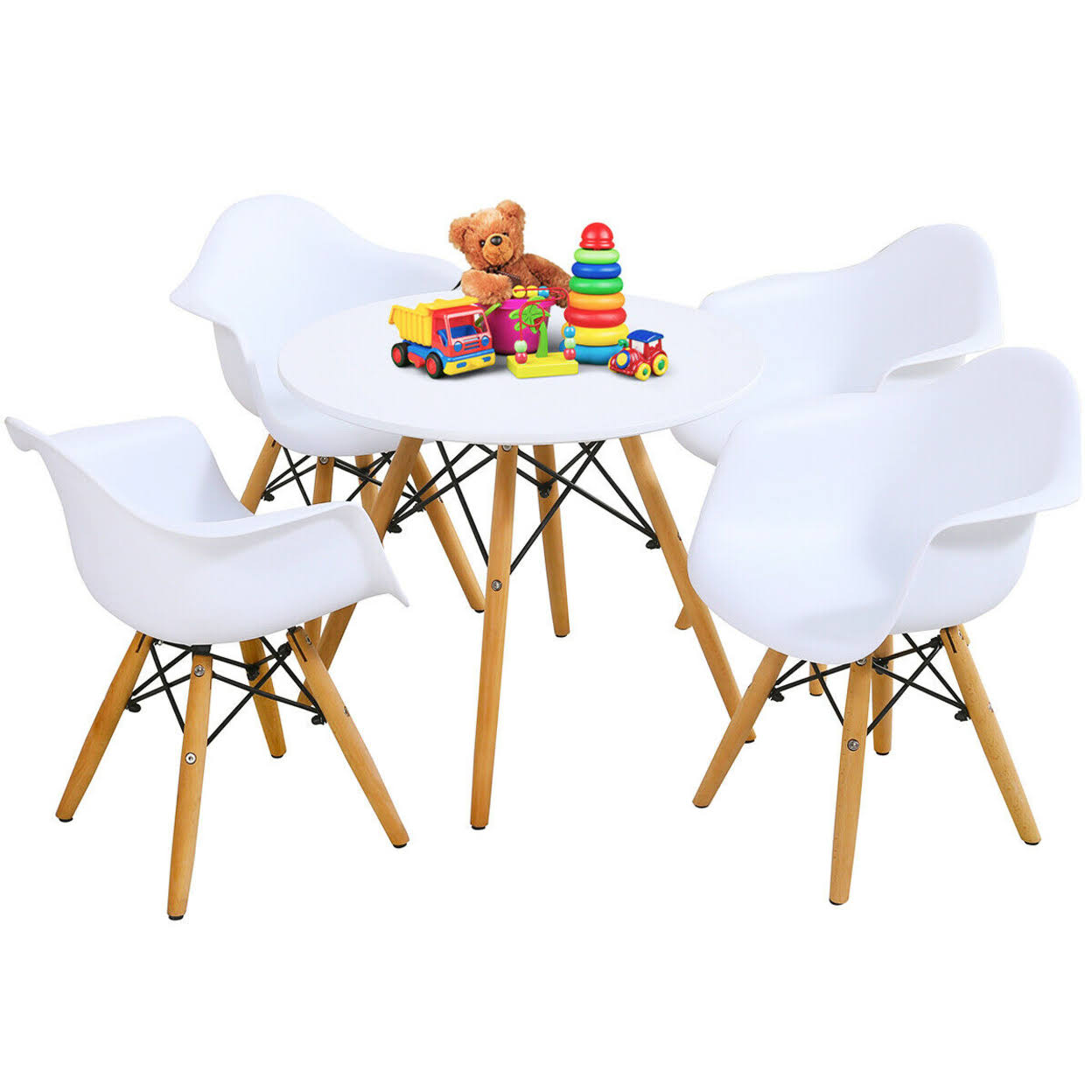 Gymax 5 PC Kids Round Table Chair Set with 4 Arm Chairs White WGL1s