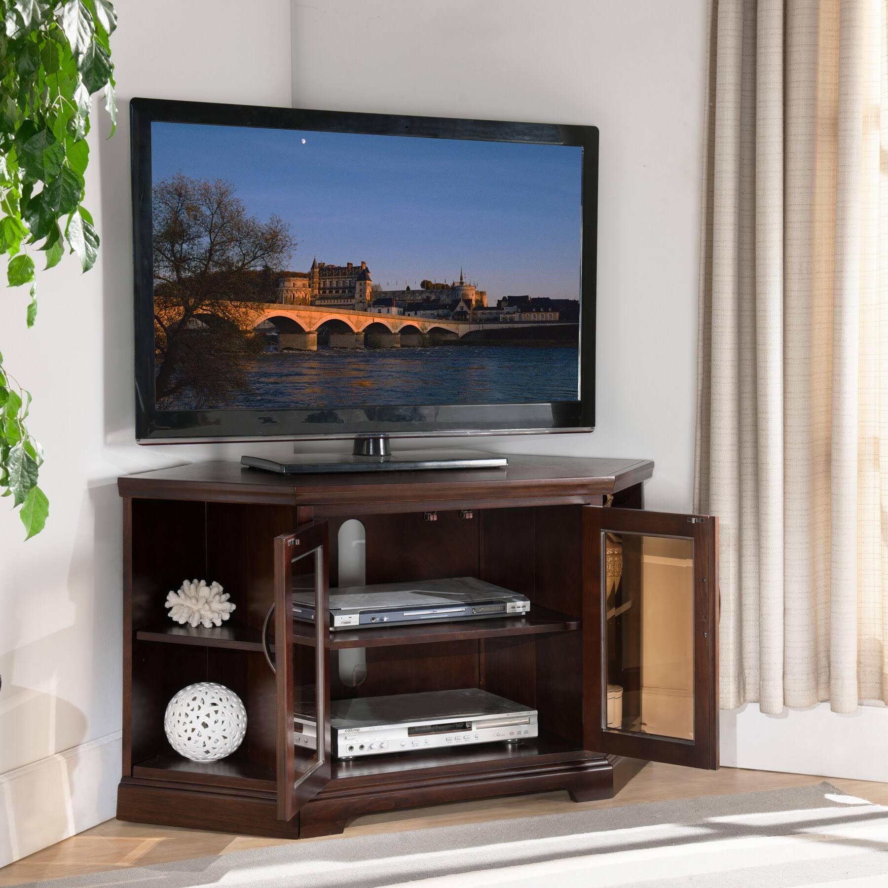 KD Furnishings Chocolate Cherry & Bronze Glass 46Inch Brown Corner TV