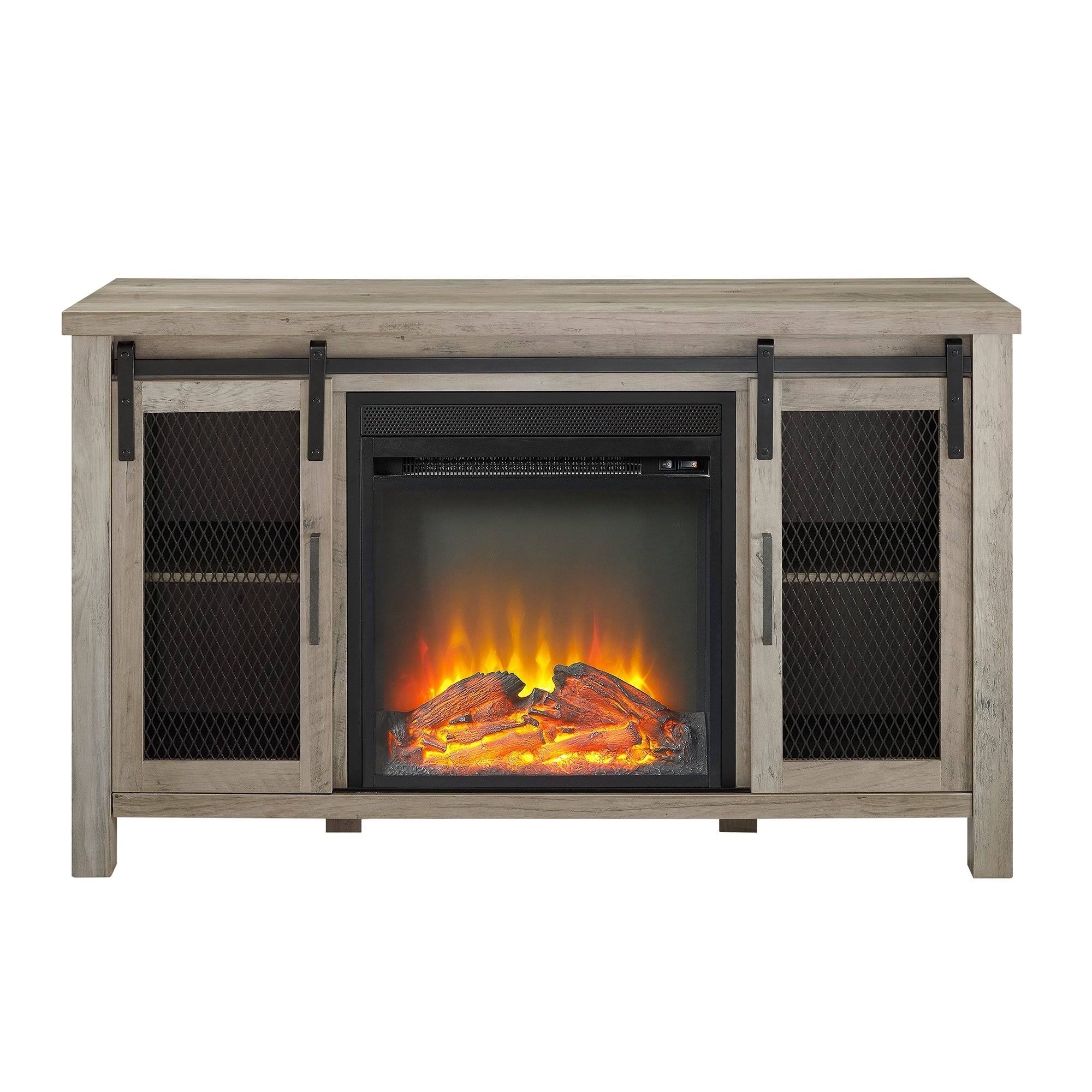 The Gray Barn Kujawa Mesh Sliding Door Fireplace TV Stand Console Grey