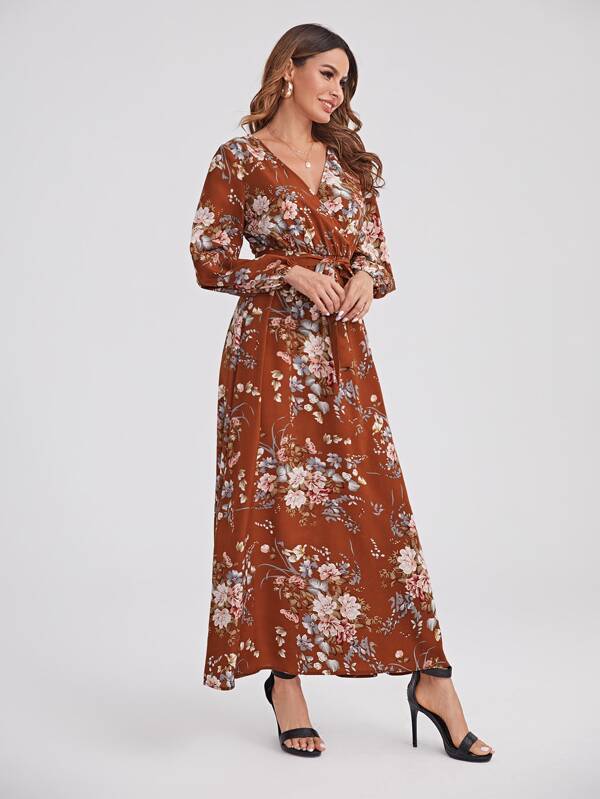 Clasi Surplice Neck Self Belted Botanical Print Dress