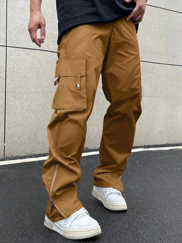 Men Flap Pocket Side Zipper Cargo Pants