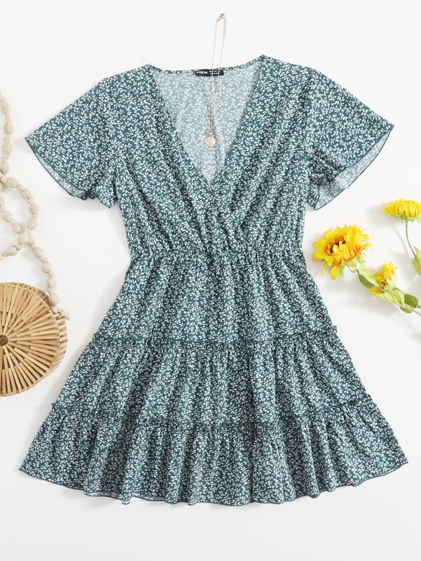 Surplice Neck Frill Trim Ditsy Floral Dress