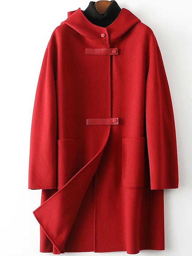 Women's Winter Coat Long Pea Coat Fall Overcoat with Hood Windproof Warm Outerwear with Pockets Single Breasted Lapel Trench Coat Elegant Outdoor Outerwear Long Sleeve