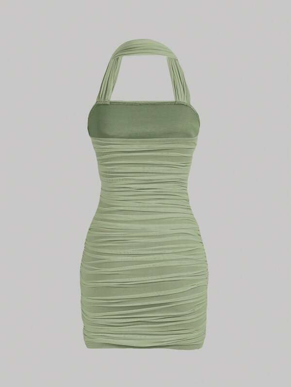 MOD Solid Ruched Halter Bodycon Dress