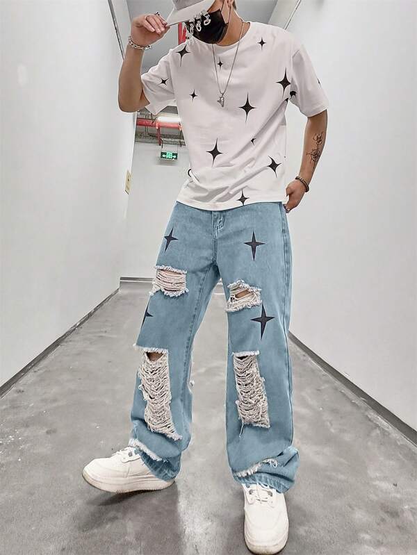 Men Cotton Star Print Ripped Loose Fit Jeans