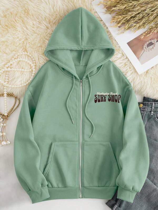 Car & Letter Graphic Drawstring Thermal Lined Hoodie