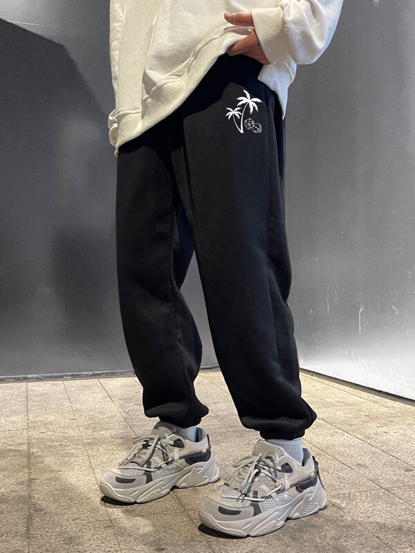 Men Tropical Print Drawstring Waist Sweatpants