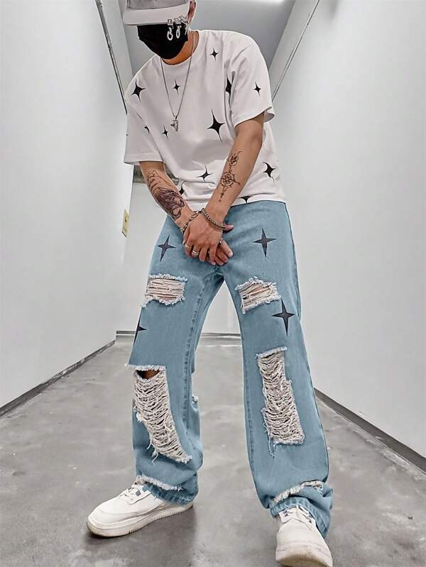 Men Cotton Star Print Ripped Loose Fit Jeans