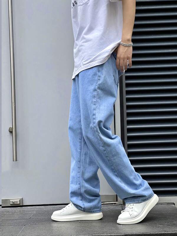 Men Cotton Slant Pocket Straight Leg Jeans