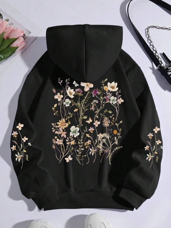 Floral Print Kangaroo Pocket Drawstring Thermal Hoodie