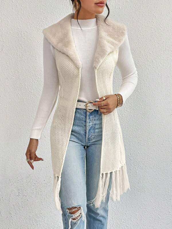 Fringe Trim Open Front Cardigan