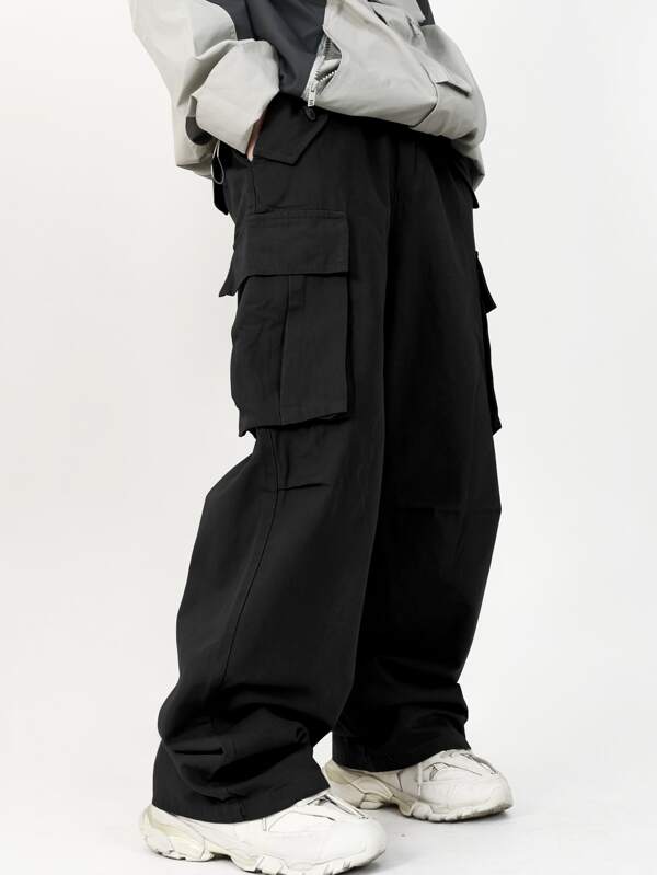 Men Flap Pocket Side Drawstring Waist Cargo Pants