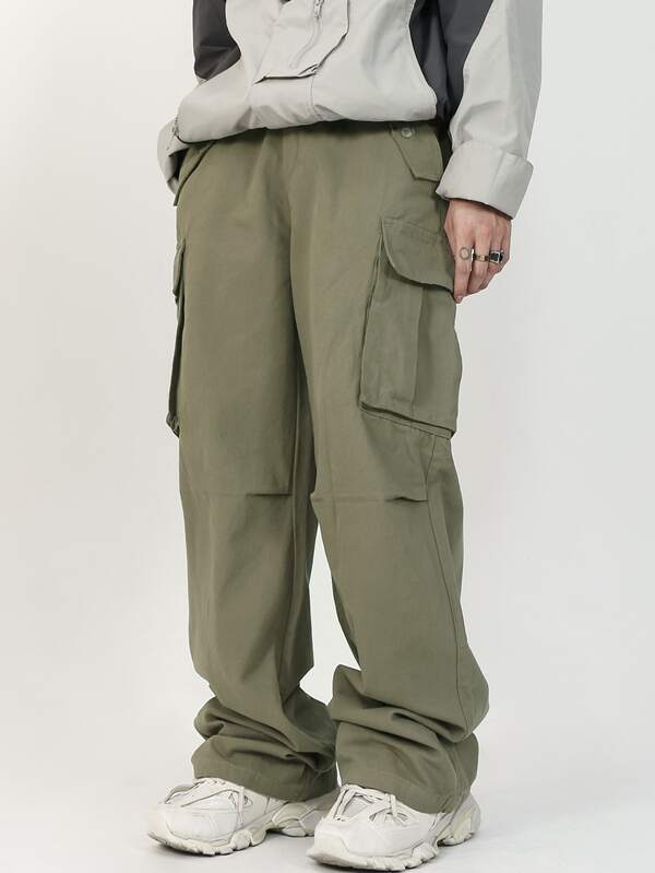 Men Flap Pocket Side Drawstring Waist Cargo Pants