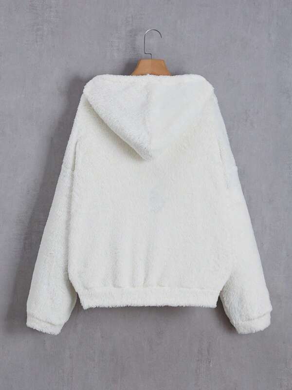 Kangaroo Pocket Drop Shoulder Drawstring Teddy Hoodie