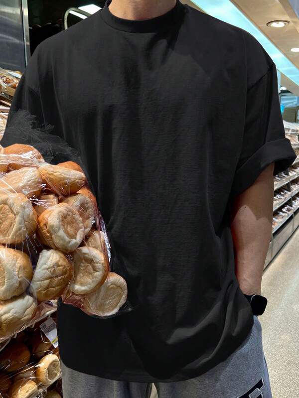 Men Cotton Solid Drop Shoulder Tee