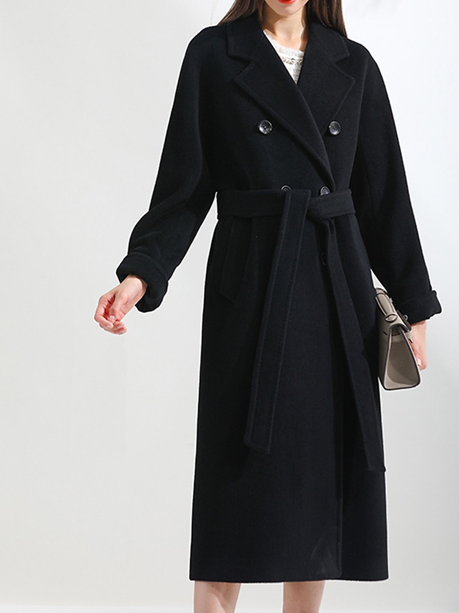 Women's Wool Blend Coat Winter Long Overcoat Double Breasted Notched Lapel Pea Coat Fall Windproof Warm Trench Coat Jacket with Pockets Oversized Fashion Daily Casual Street Outerwear Long Sleeve