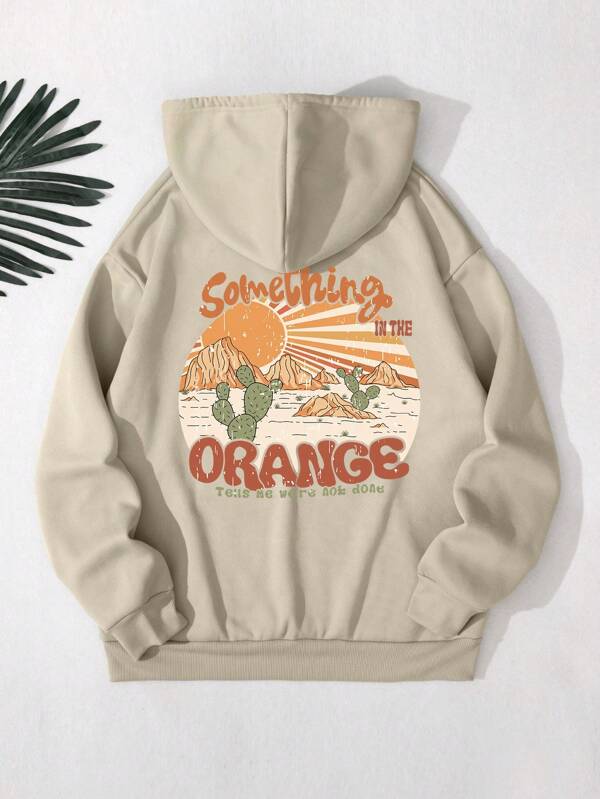 Cactus & Letter Graphic Drawstring Thermal Lined Hoodie